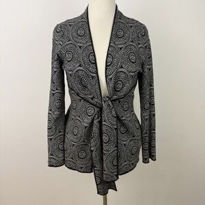 DANA BUCHMAN Black White CARDIGAN Sweater L Print Lagenlook Artsy Office Cotton